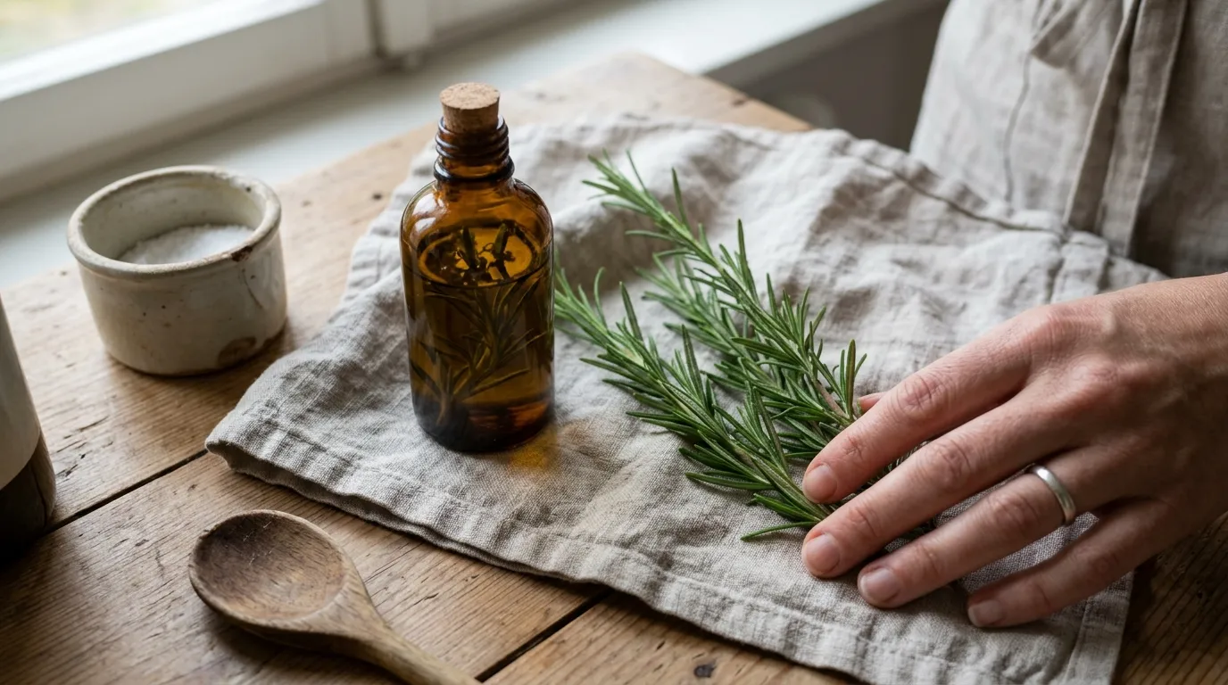 Žena si vmasírovává rozmarýnový olej do pokožky hlavy