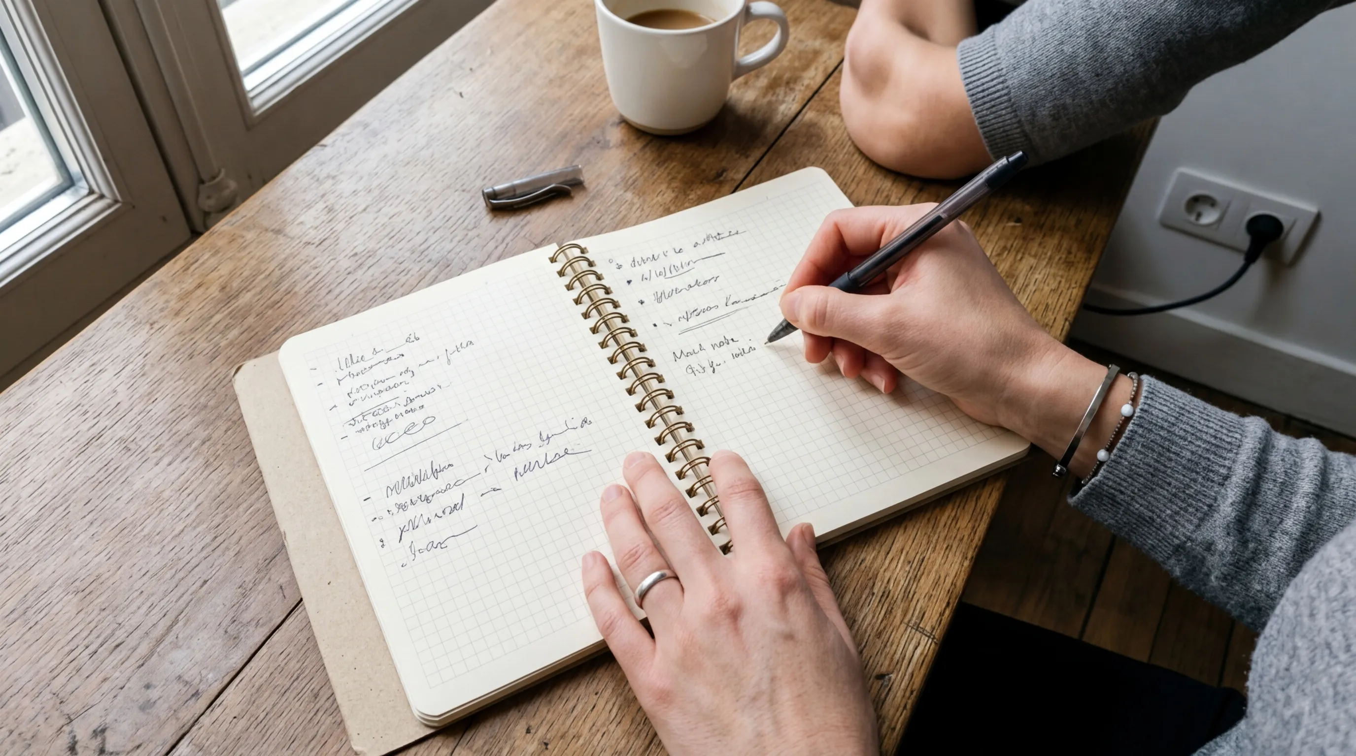 Detailní pohled na ruce píšící na klávesnici notebooku s šálkem kávy vedle
