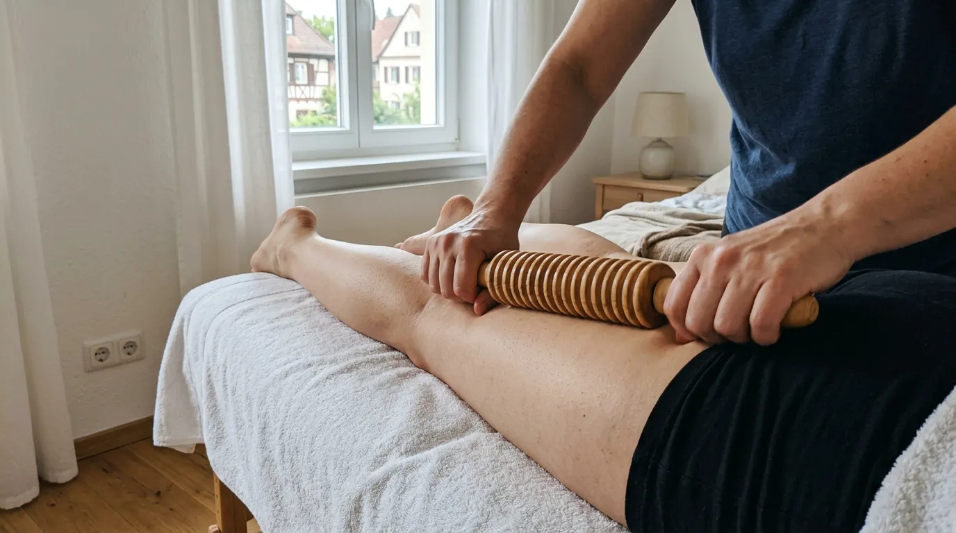 Žena podstupující maderoterapii na noze s dřevěnými válečky