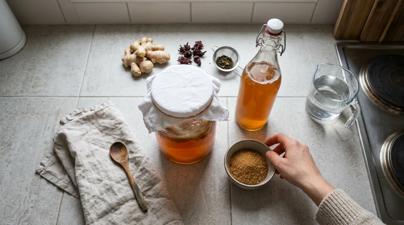 Žena drží sklenici s kombuchou a pije ji