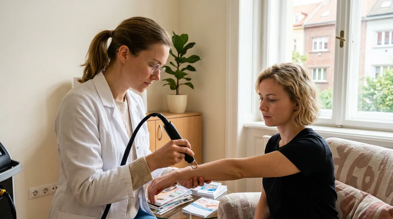 Žena se spokojeným výrazem si prohlíží svou čistou pleť v zrcadle