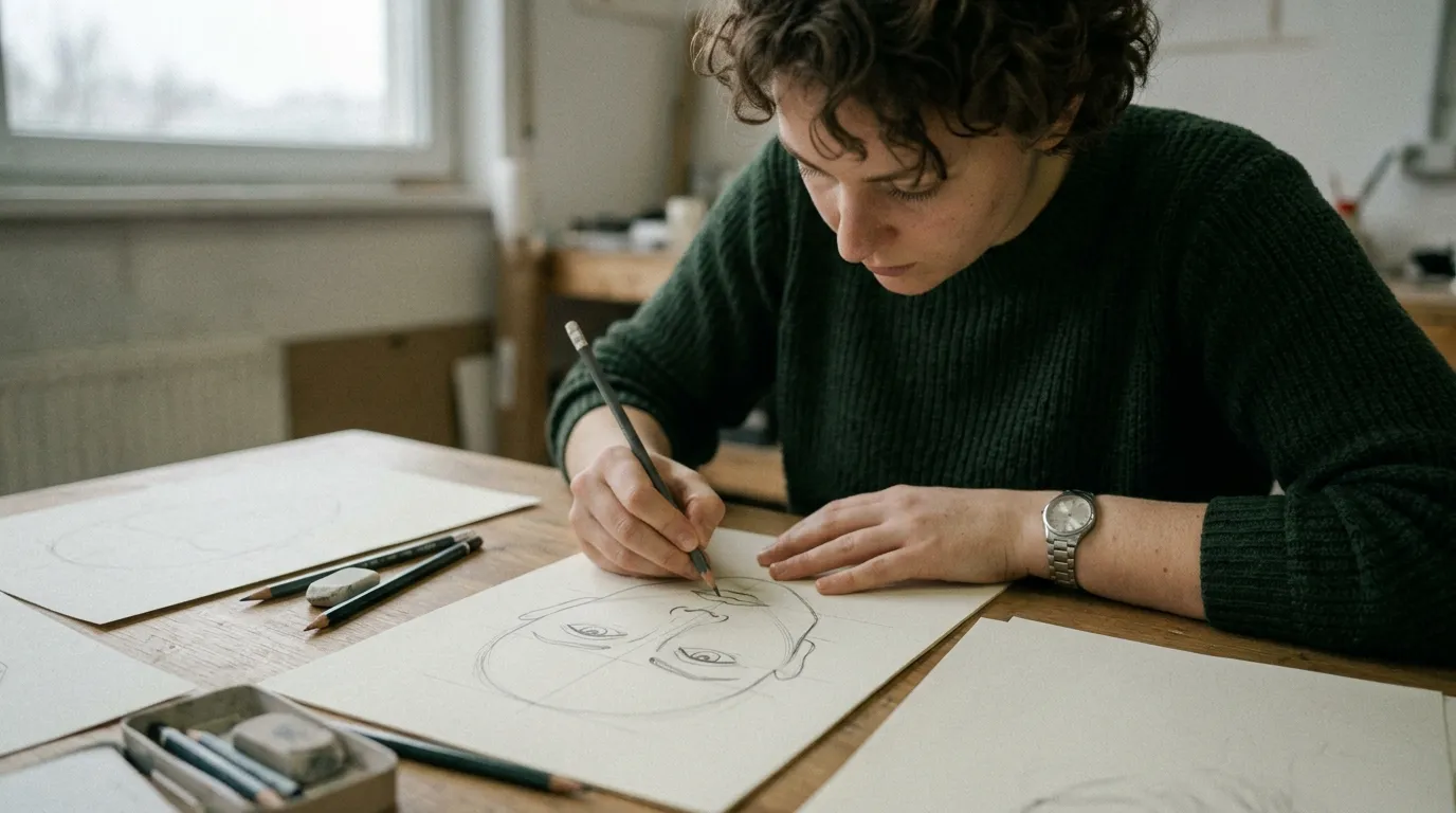 Detailní pohled na ruce stylisty zakreslujícího technický střih do schématu obličeje.