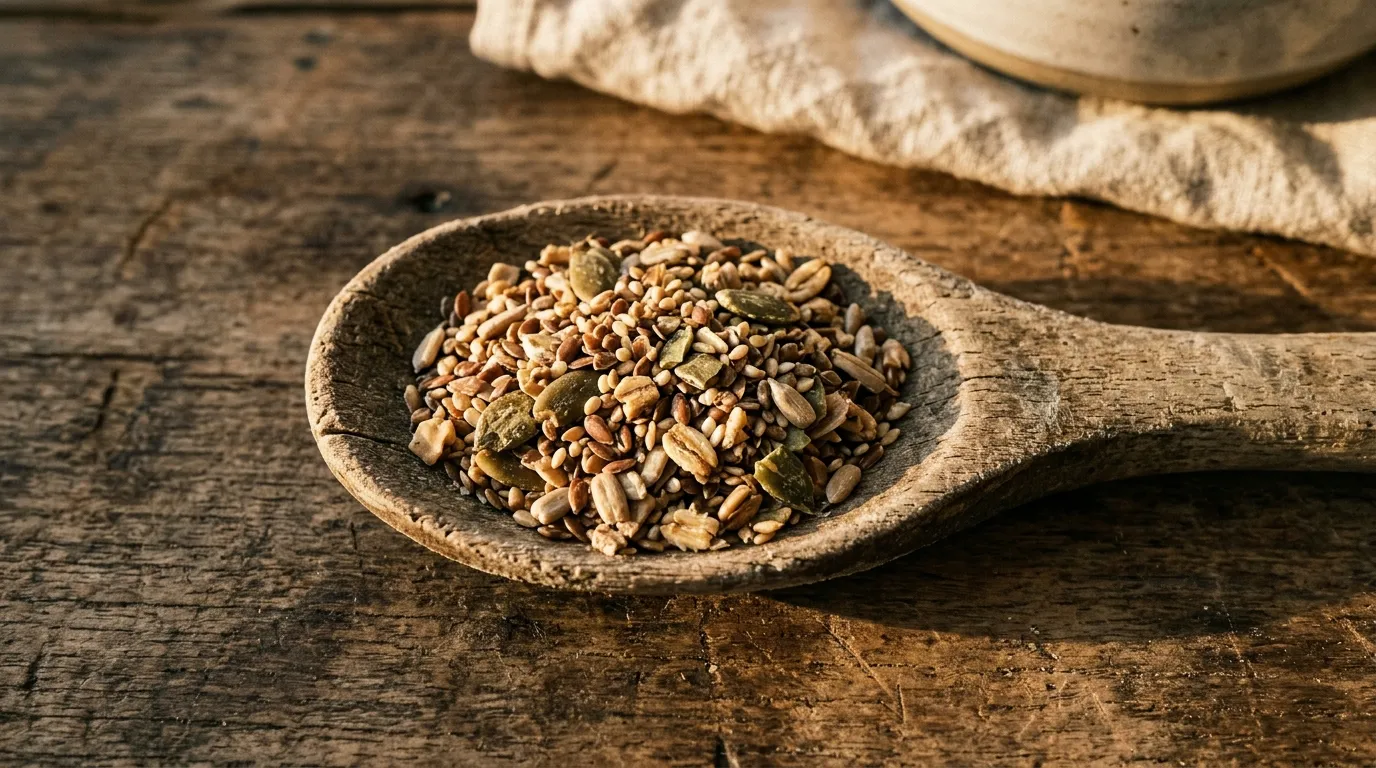 Pohled shora na drcená semena ostropestřce na dřevěné lžíci připravená ke konzumaci