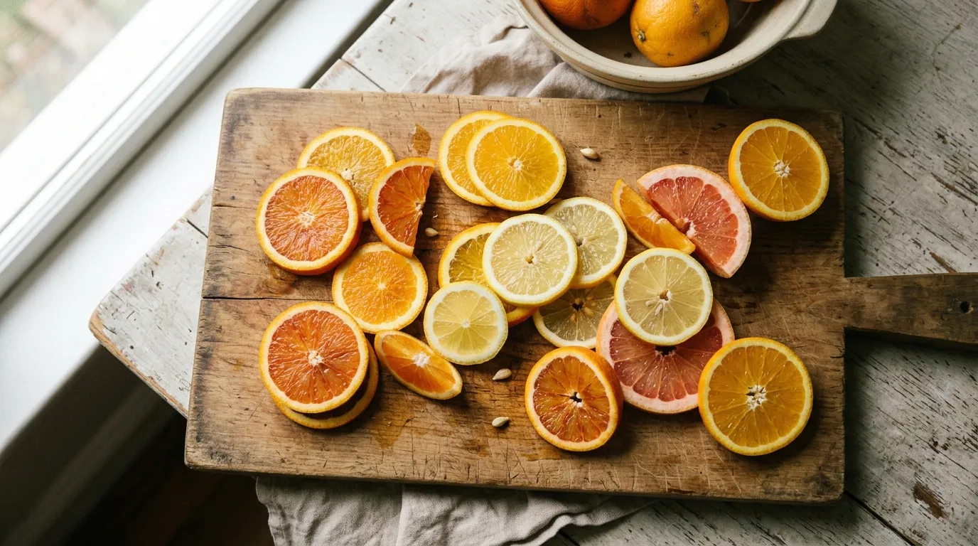 Pohled shora na nakrájené citrusové plody na dřevěném prkénku jako zdroj vitamínu C