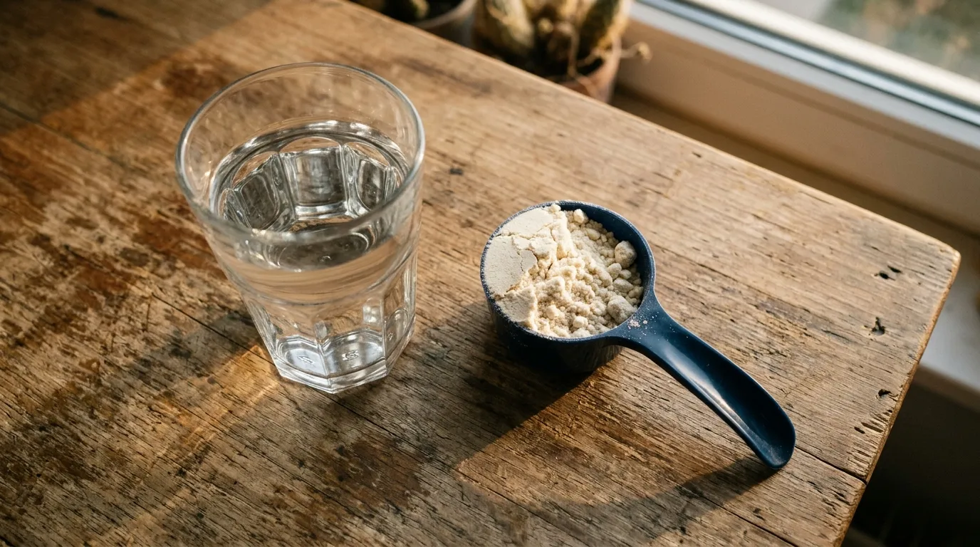 Pohled shora na odměrku s proteinovým práškem a sklenici vody
