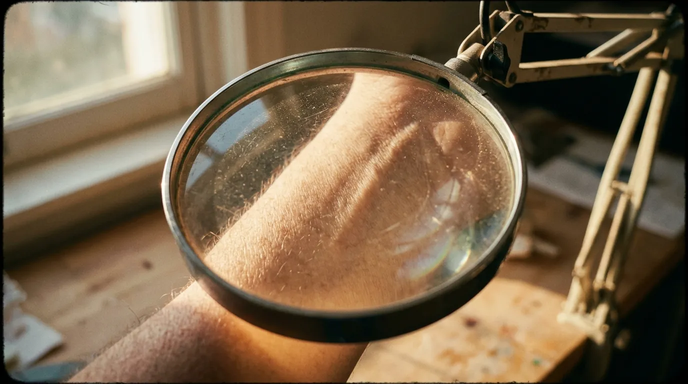 makro detail textury pleti pod diagnostickou lupou v kosmetickém salonu