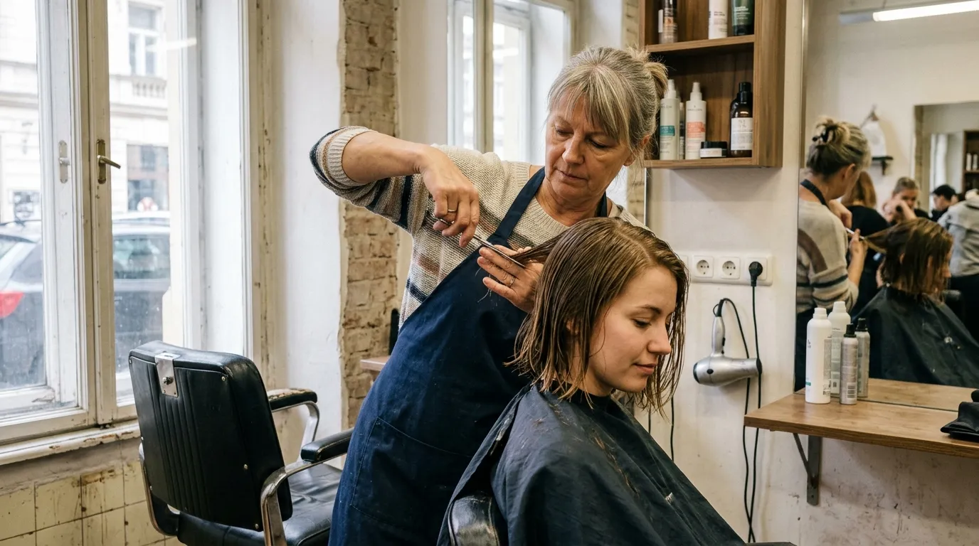 Žena s moderním účesem mullet, s kratšími vlasy vpředu a delšími vzadu