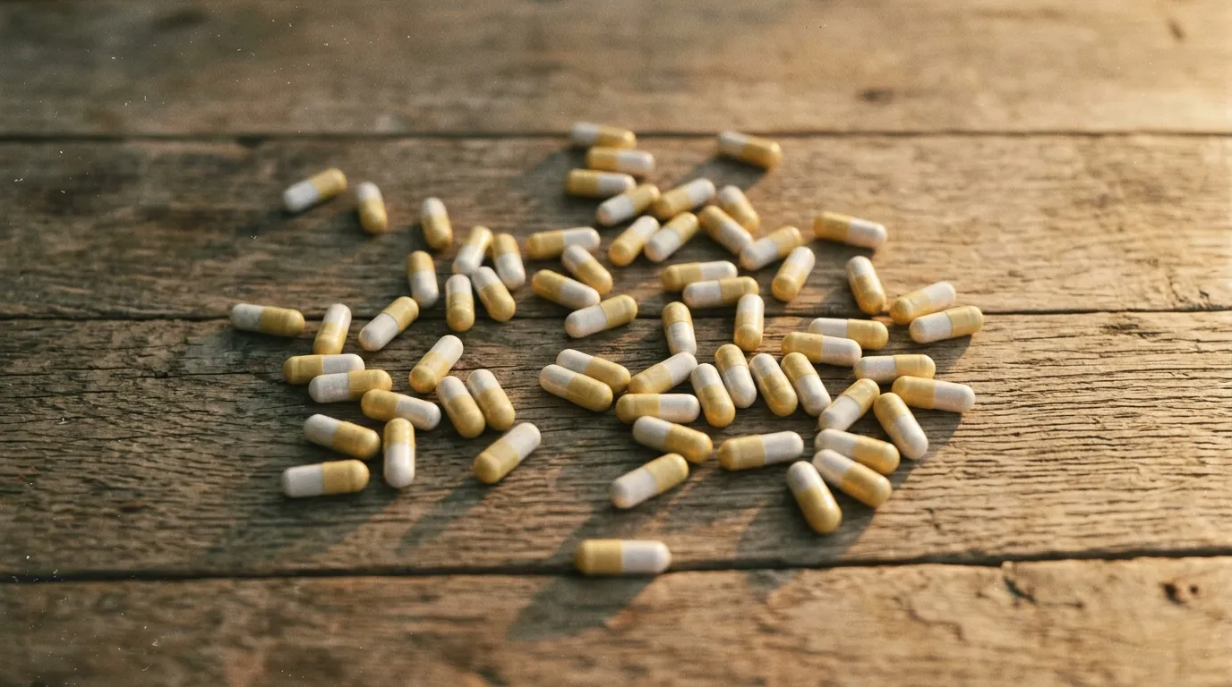 Detailní pohled shora na kapsle hořčíku rozložené na dřevěném stole