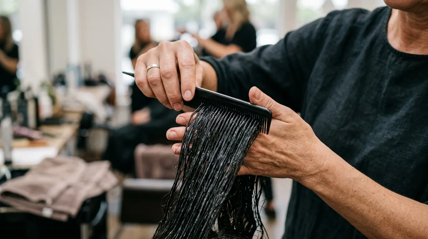 Detailní pohled na kadeřníka, který hřebenem zapracovává produkt do mokrých pramenů vlasů