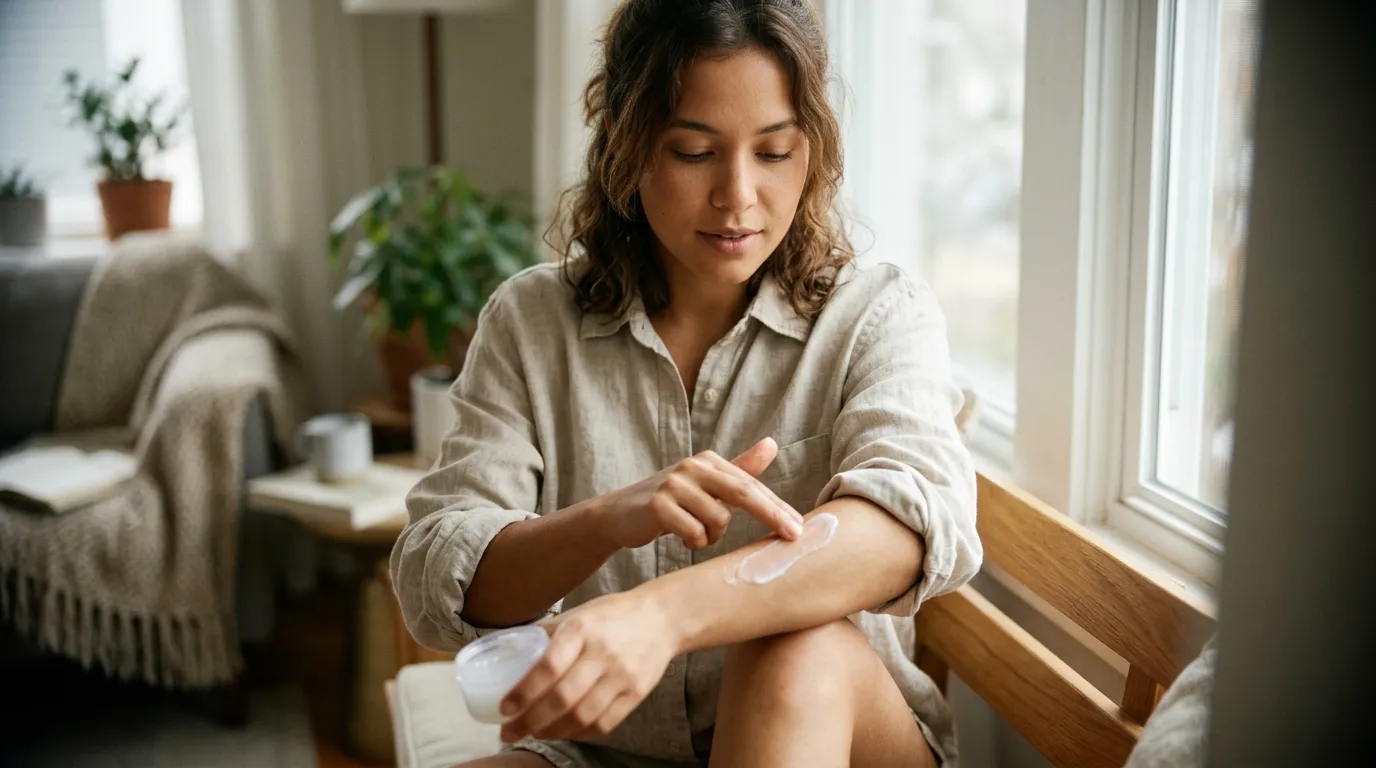 Osoba nanášející bílý chladivý gel na pokožku pro zmírnění svědění