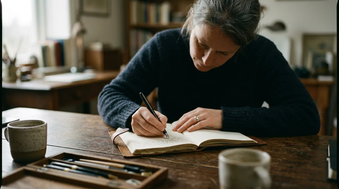 Profesionál zapisující klientský protokol do papírového diáře na dřevěném stole