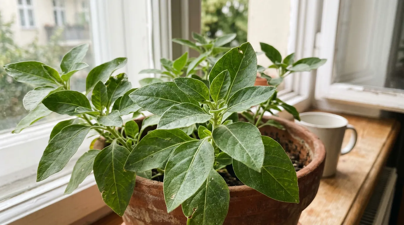 Ruce držící malou skleněnou nádobu s práškem ashwagandhy