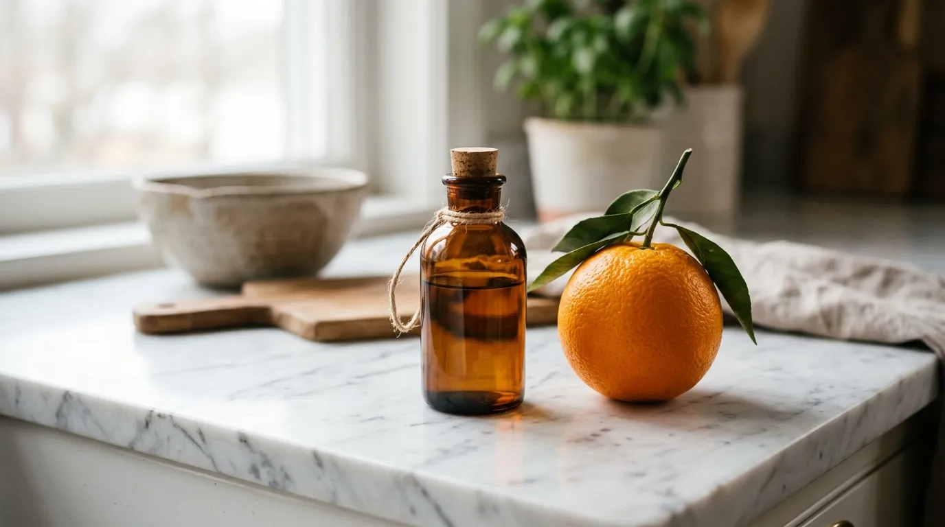 Hnědá skleněná lahvička s kosmetickým přípravkem položená na bílém mramoru vedle plátku pomeranče.