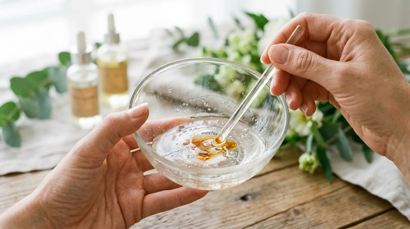 Detailní záběr na míchání pleťového séra ve skleněné misce v kosmetickém salonu.