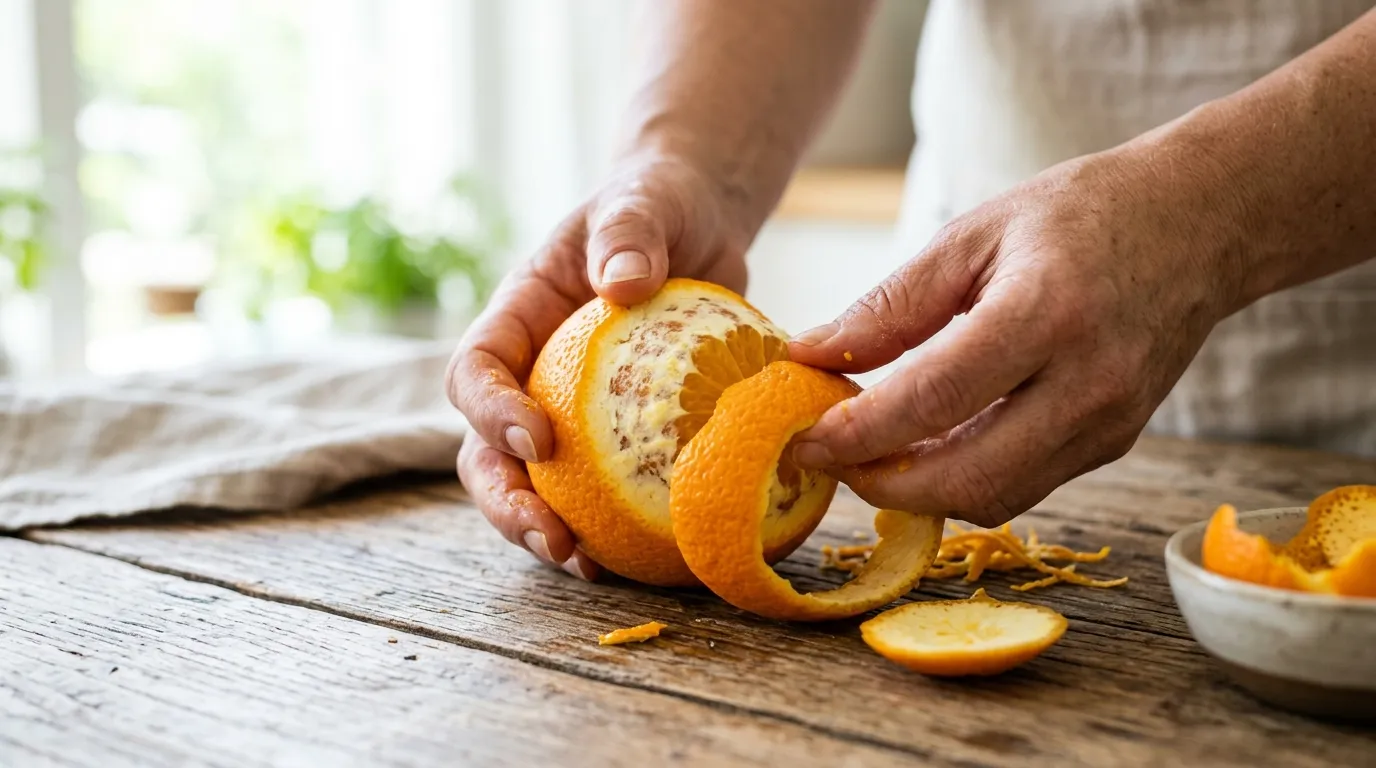 Detailní záběr na ruce loupající čerstvý pomeranč na dřevěném stole