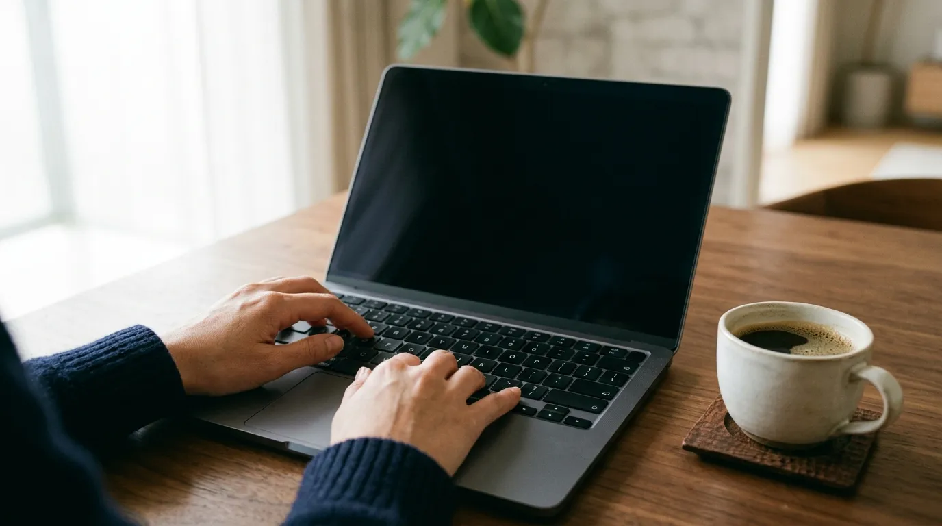Detailní záběr na ruce píšící na notebooku vedle šálku kávy v kanceláři salonu