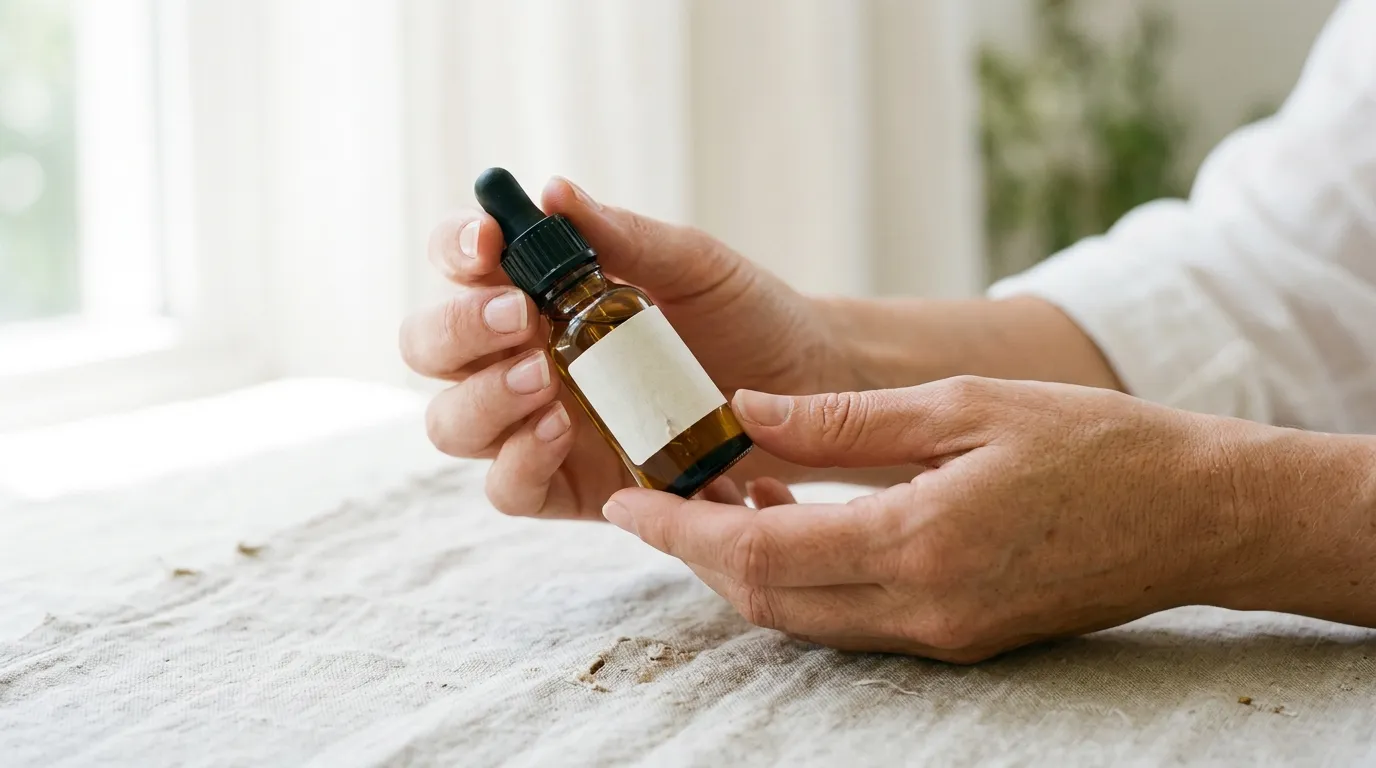 Ruce držící malou hnědou skleněnou lahvičku s kapátkem