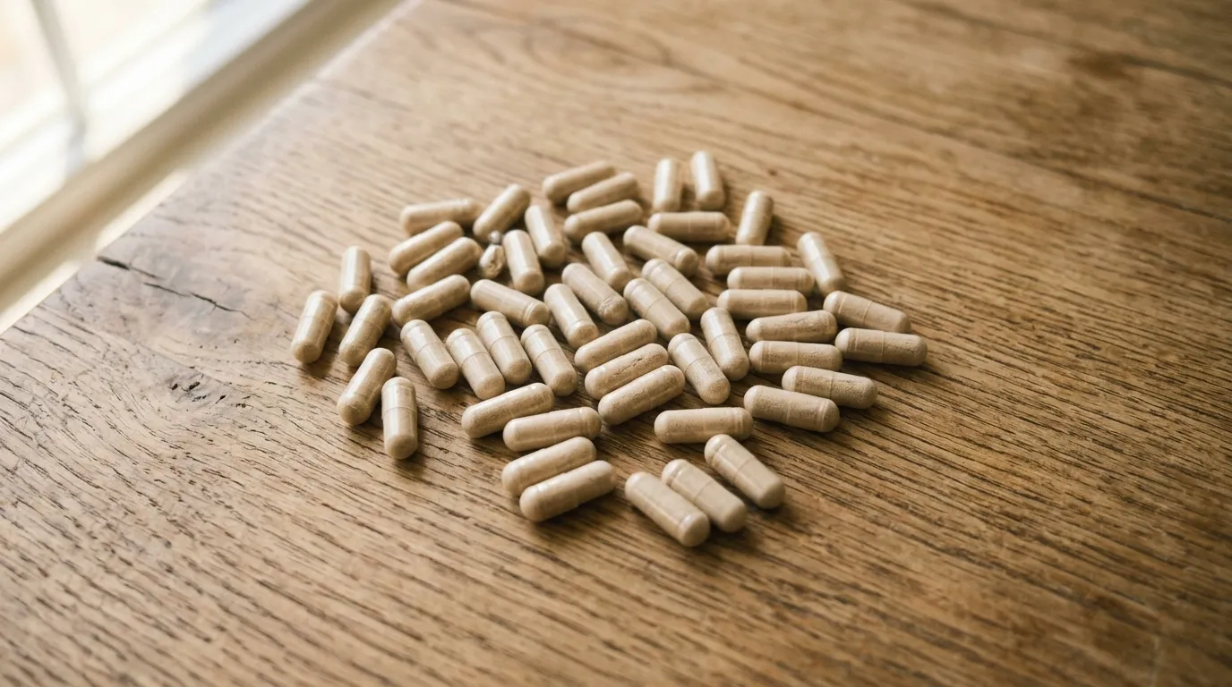 Detailní pohled shora na kapsle magnesium chelátu na dřevěném stole