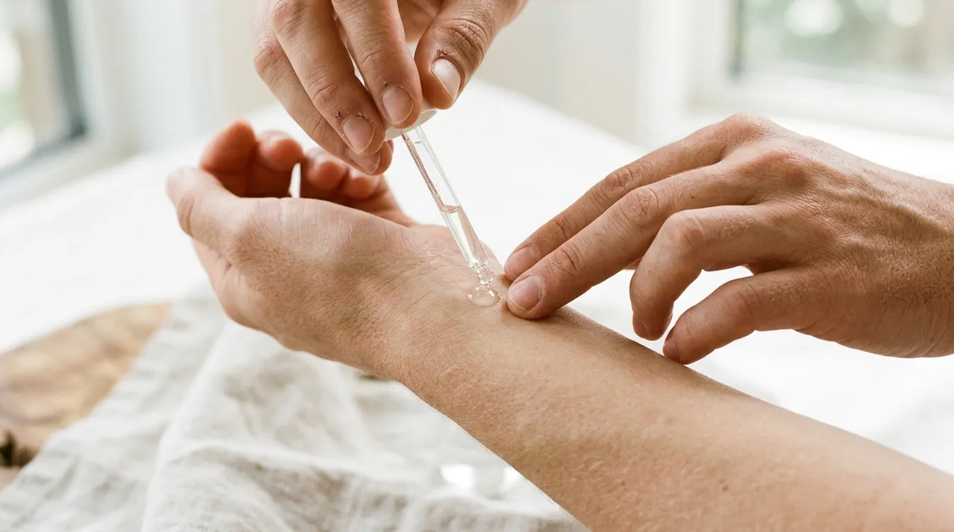 Detailní záběr na ruce aplikující čirý roztok na pokožku obličeje