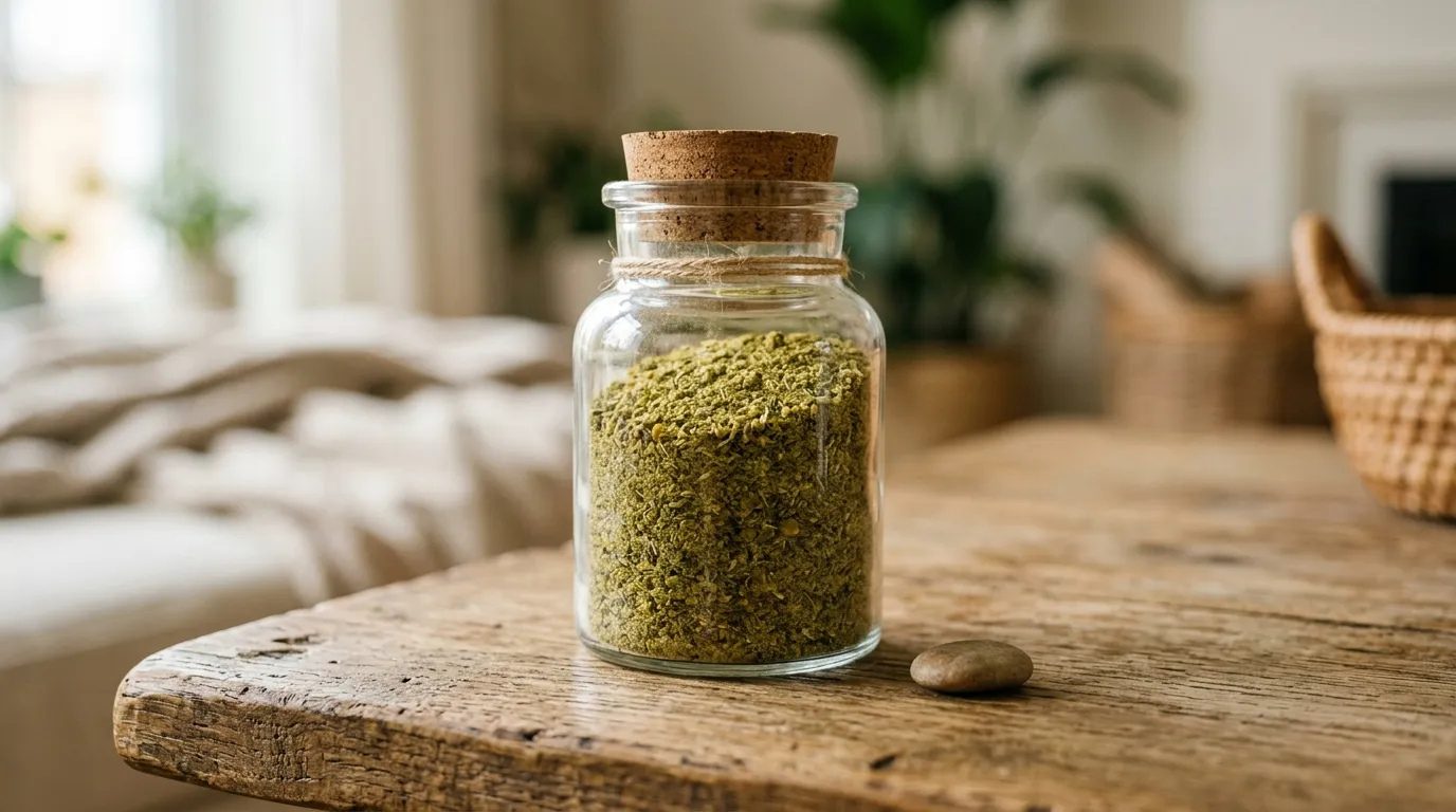 Skleněná dóza naplněná drceným ostropestřcem na dřevěném stole