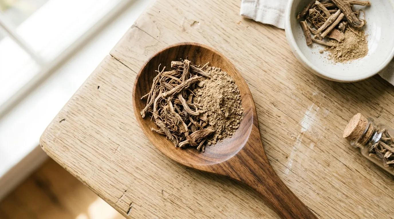 pohled shora na sušené kořeny a prášek ashwagandhy na lžíci
