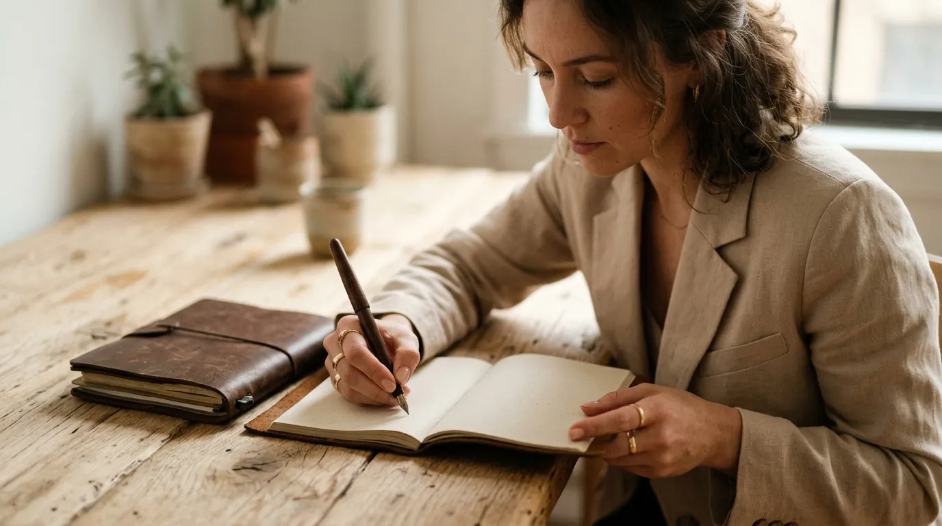 Profesionál v salonu zapisující poznámky do papírové karty klienta na dřevěném stole
