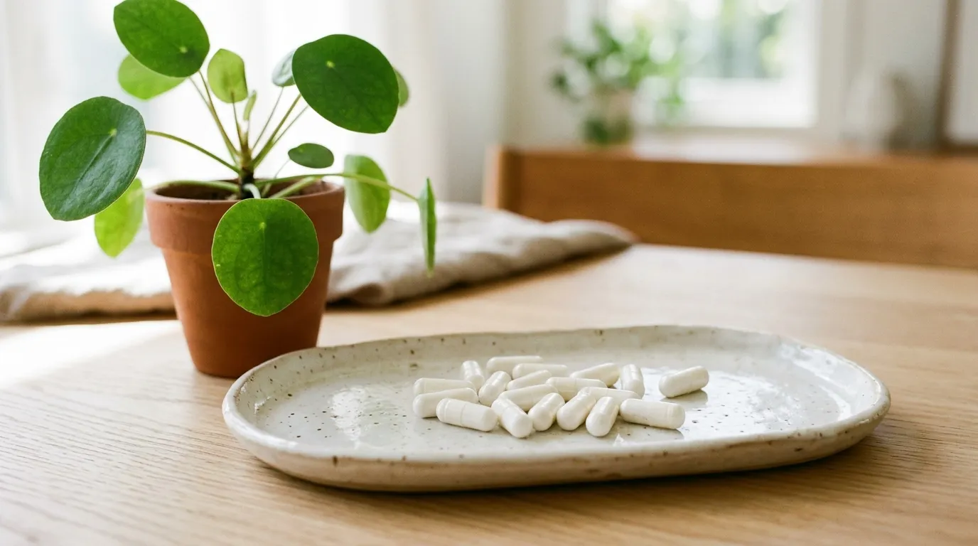 Detailní záběr bílých kapslí na keramickém podnosu vedle zelené rostliny