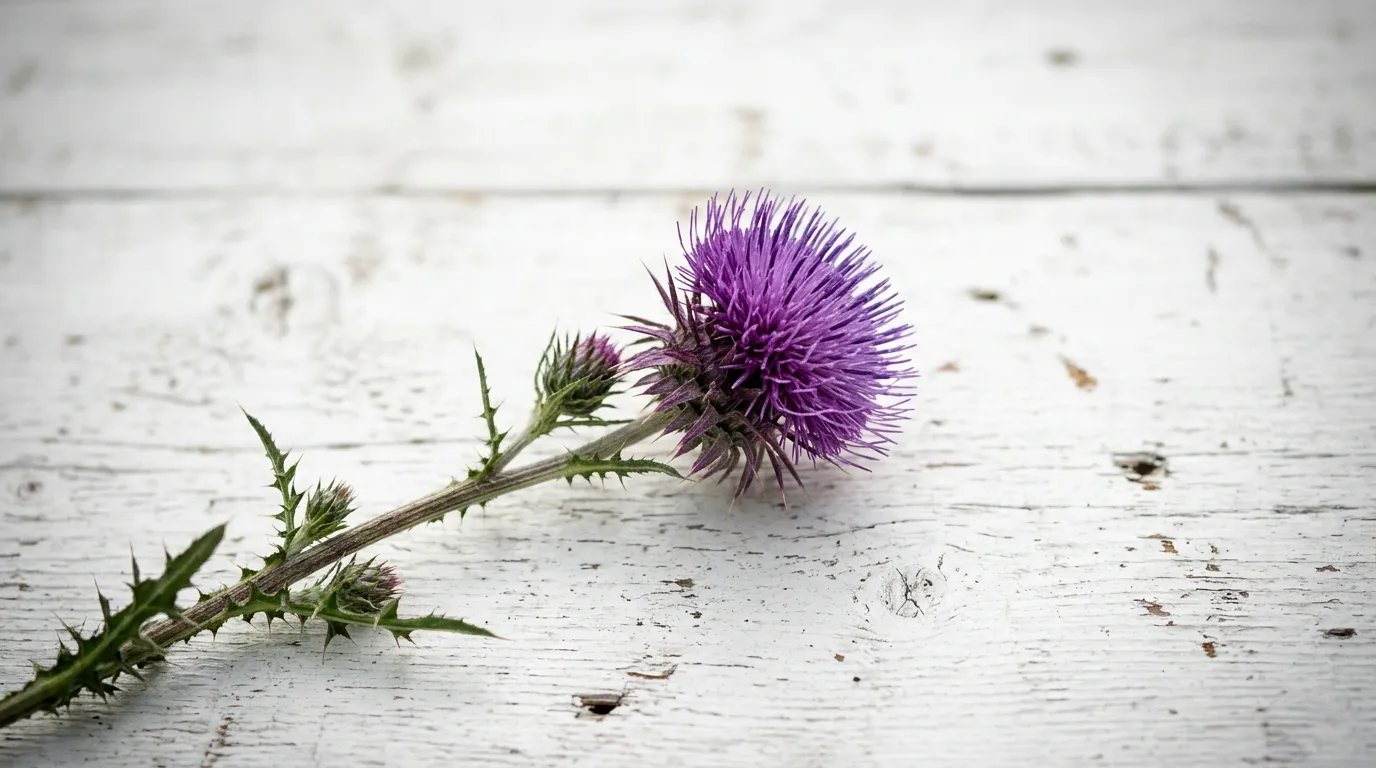 Květ ostropestřce mariánského položený na světlém dřevěném podkladu