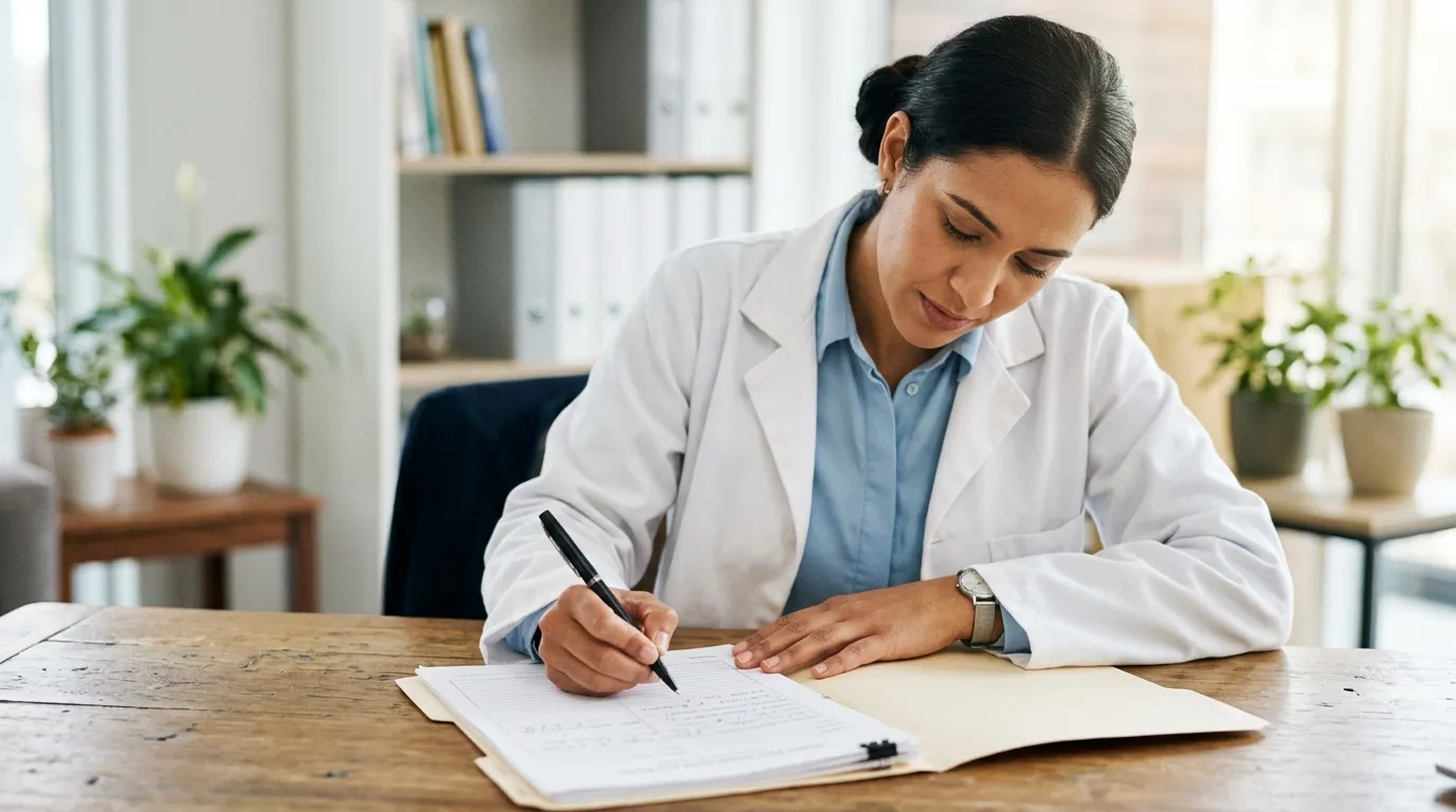 Profesionál v bílém plášti zapisující poznámky do papírové klientské karty