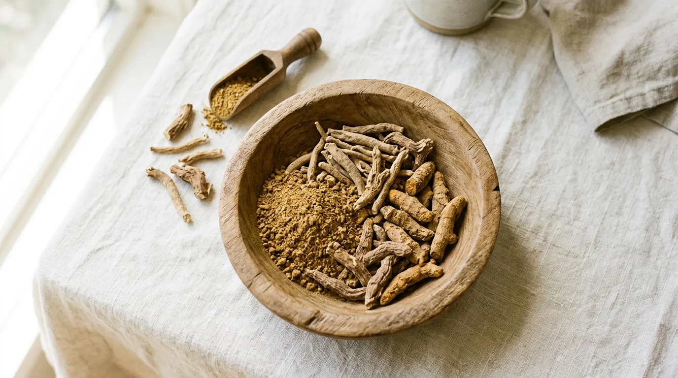 Pohled shora na sušené kořeny a prášek v dřevěné misce