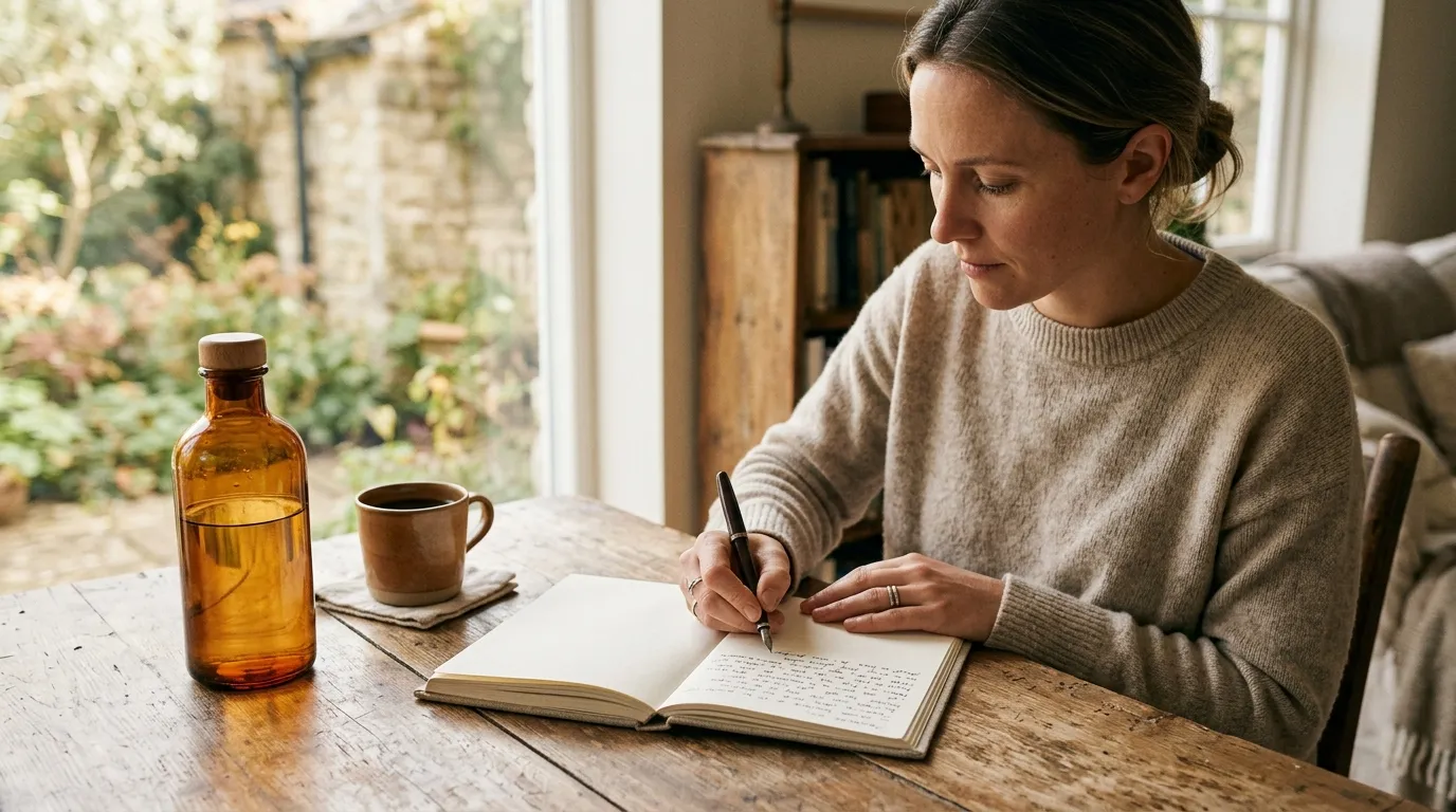 Osoba píšící poznámky do papírového deníku vedle skleněné lahvičky s doplňky stravy