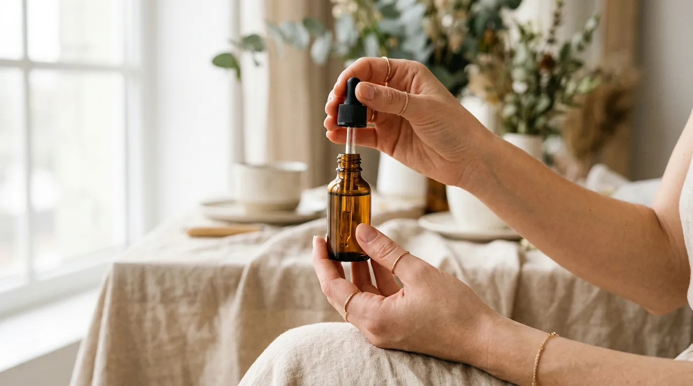 Ruce držící hnědou skleněnou lahvičku s kapátkem na kosmetiku