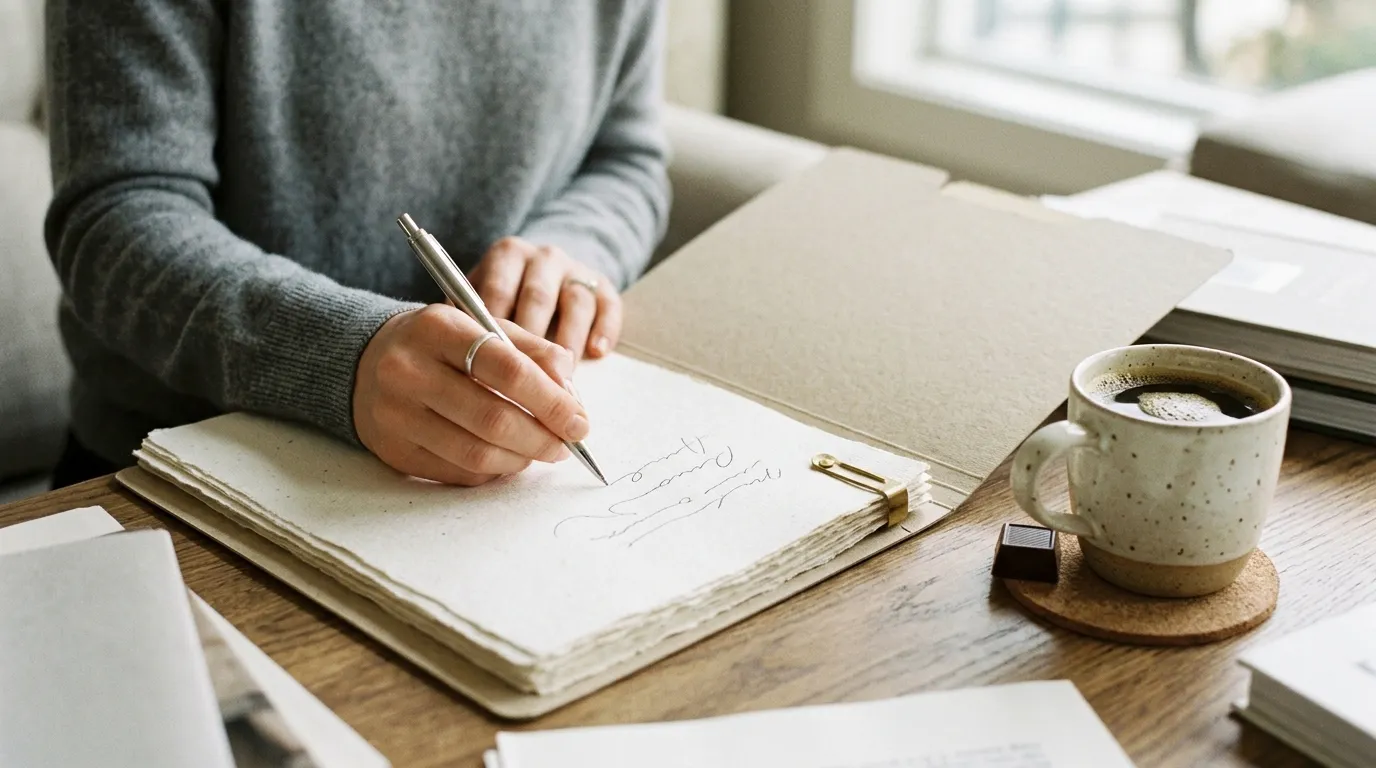 Profesionál píšící poznámky do papírové klientské karty vedle šálku kávy