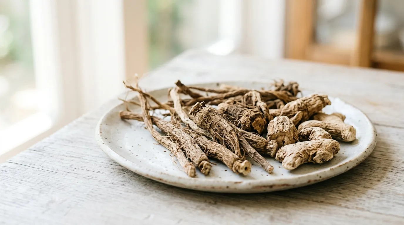 Detailní záběr na sušené kořeny ashwagandhy na keramickém talíři