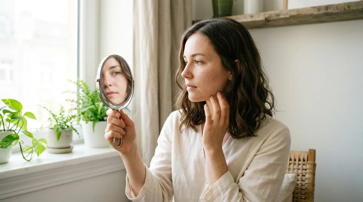 Žena si prohlíží obličej v malém zrcátku a kontroluje stav pleti