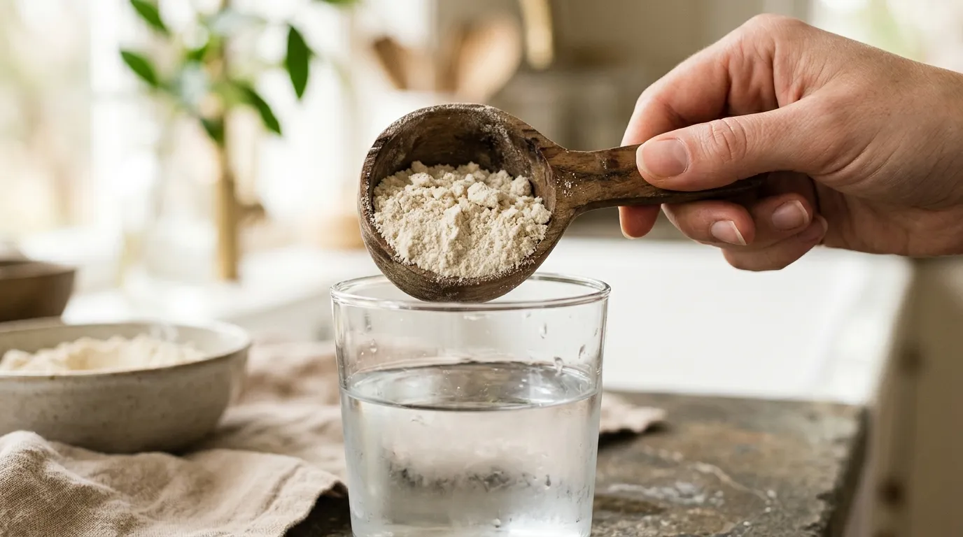 detailní záběr na odměrku s bílým proteinovým práškem nad sklenicí