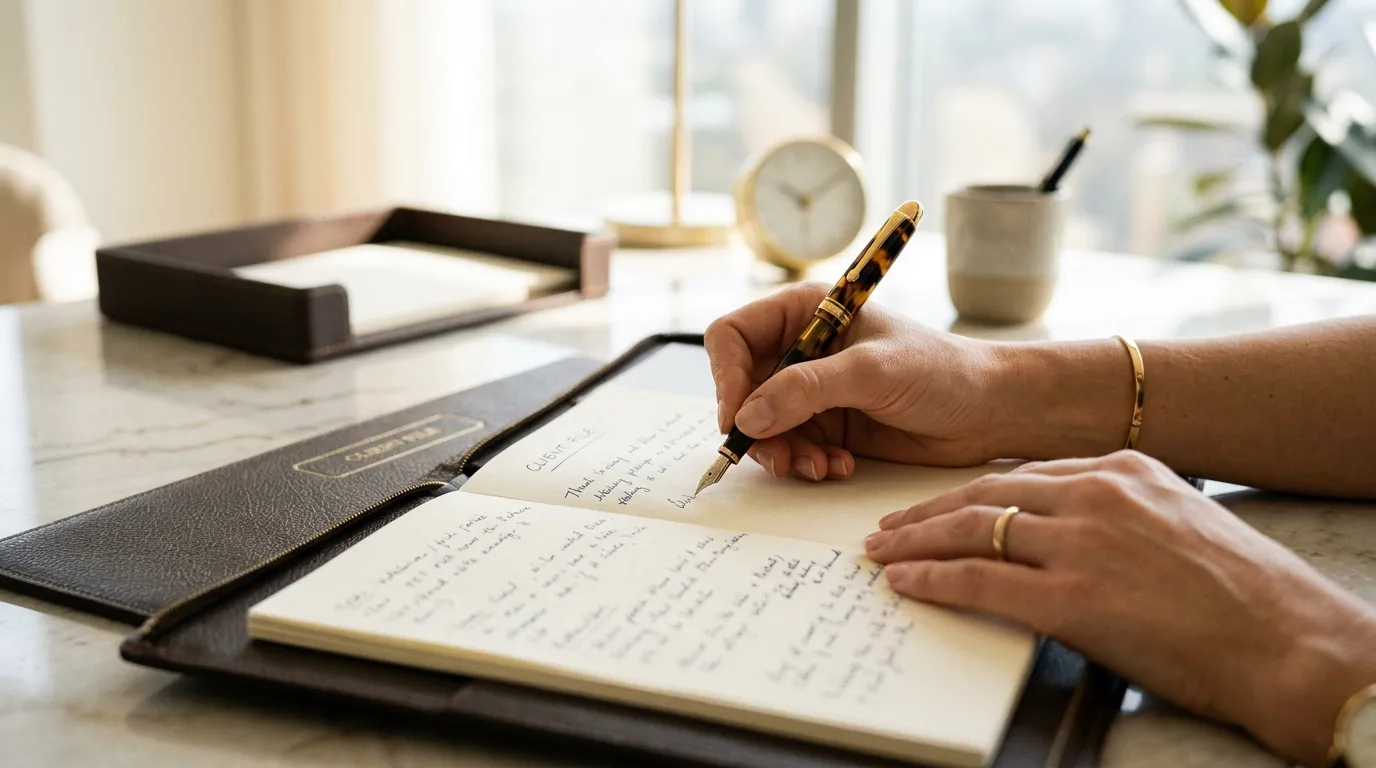 Detailní záběr na ruce zapisující odborné poznámky do klientské karty
