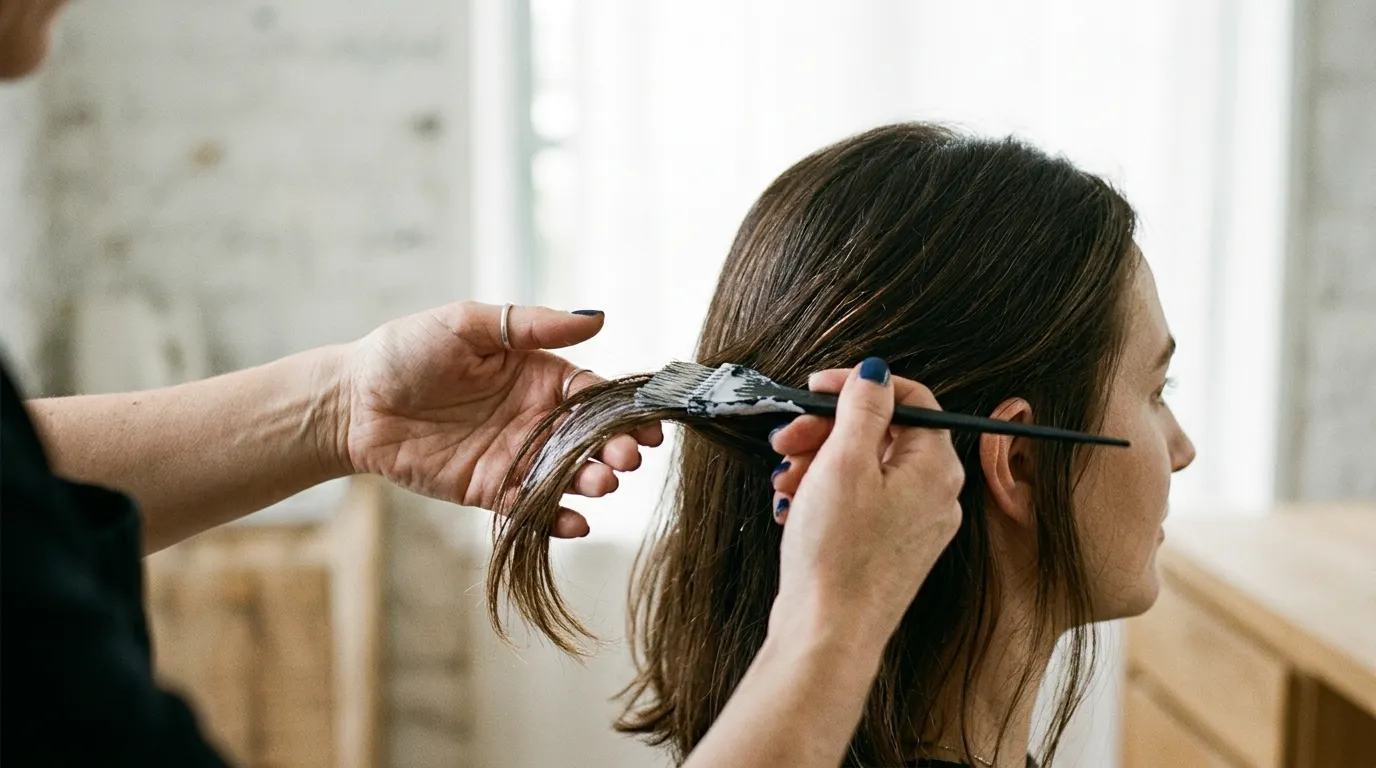 Profesionální stylista nanáší štětcem regenerační produkt na pramen vlasů