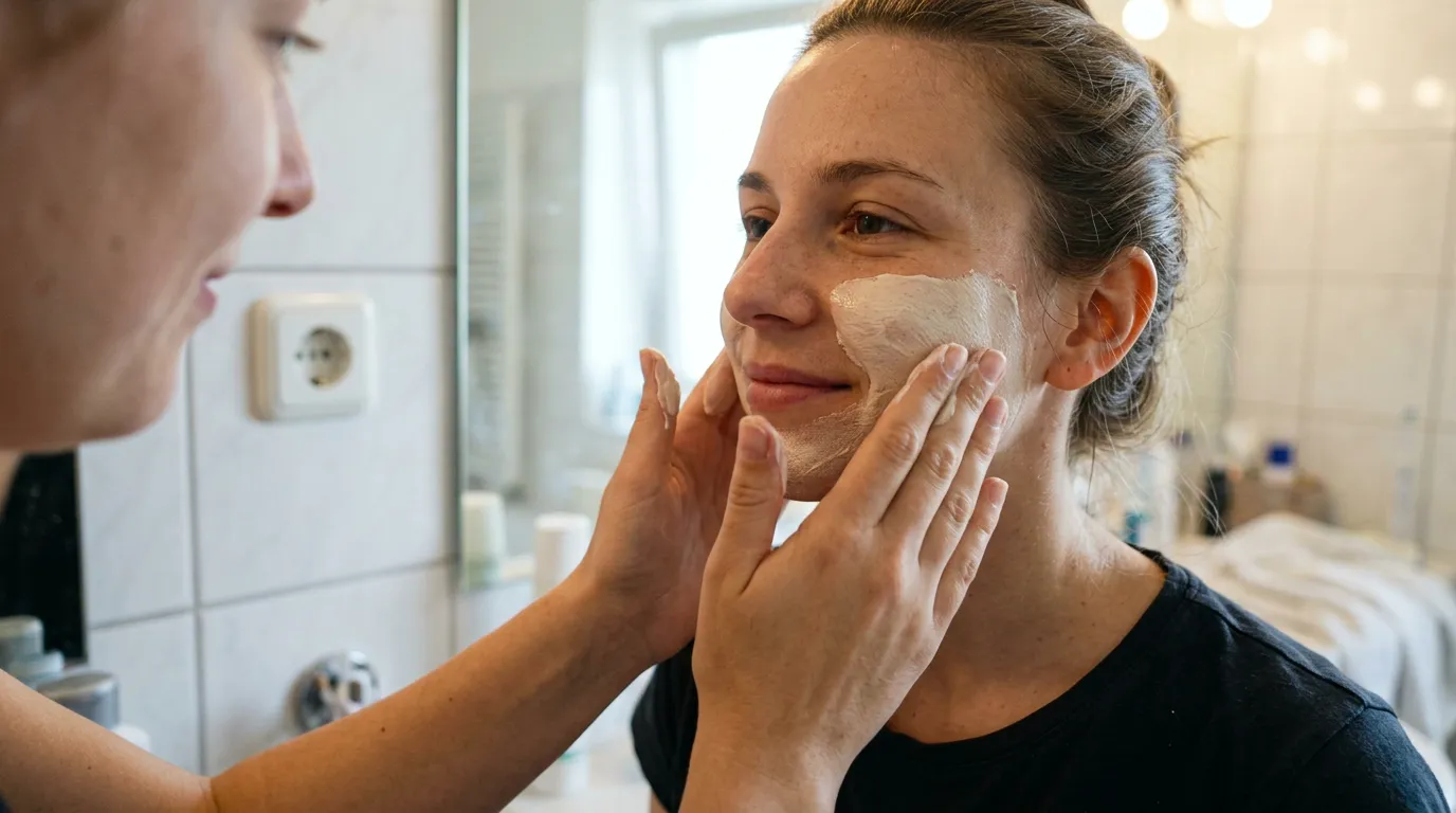 Žena leží na kosmetickém lehátku a kosmetička jí aplikuje přípravek na obličej