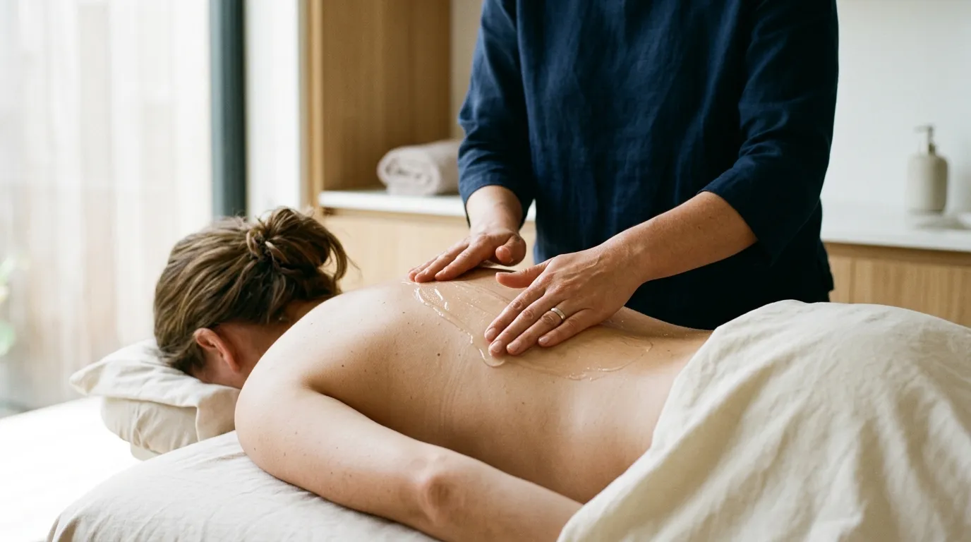 Ruce terapeuta nanášející teplý gel na záda klienta během masáže