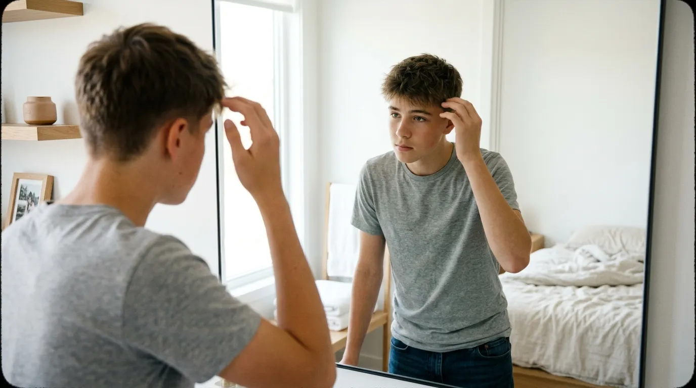 Teenager si prohlíží svůj nový texturovaný účes v zrcadle barber shopu