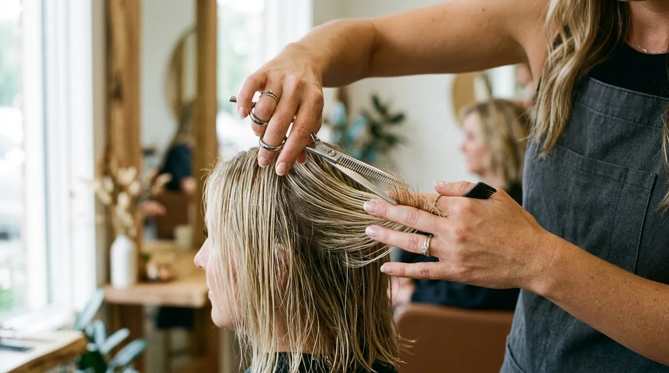 Detailní záběr na techniku texturování krátkého účesu pomocí efilačních nůžek