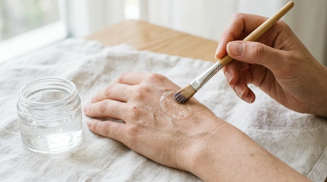 Detailní záběr na aplikaci modelovacího gelu štětcem na krátký nehet
