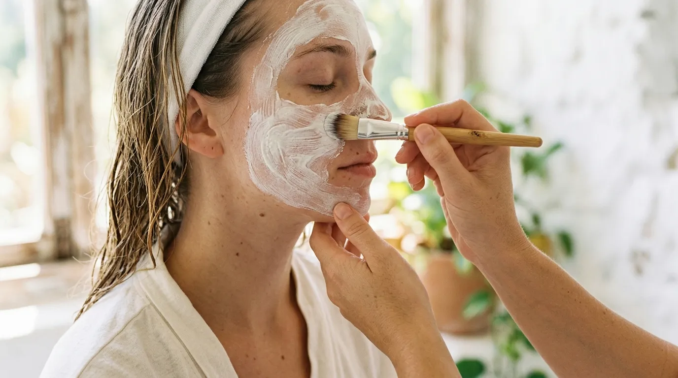 detailní záběr na nanášení bílé krémové pleťové masky kosmetickým štětcem