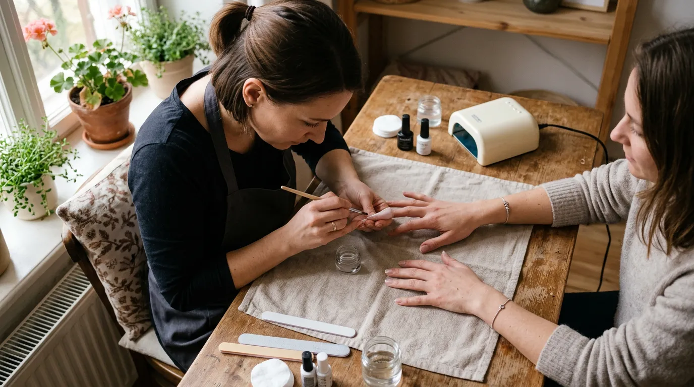 Detailní pohled na ženské ruce s elegantními gelovými nehty