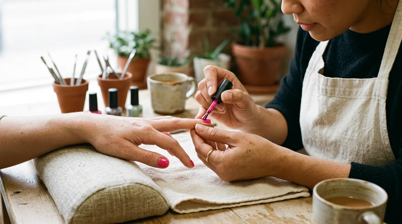 Manikérka nanáší zářivě růžový gelový lak na nehty klientky