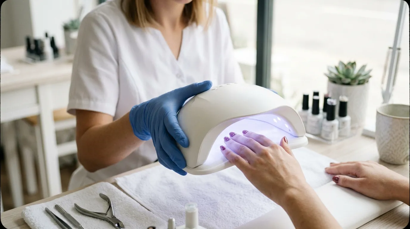 profesionální nehtová technička v rukavicích držící UV lampu