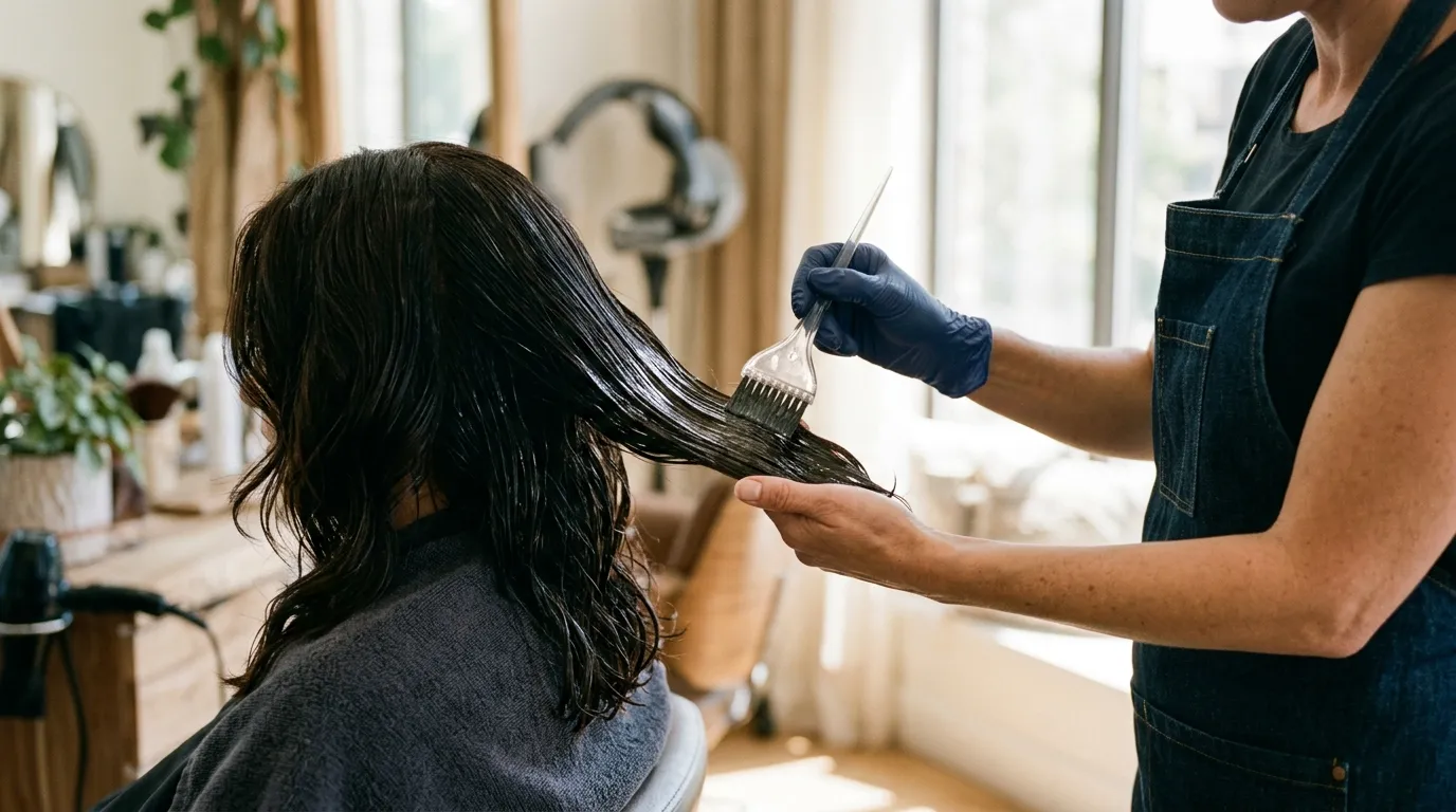 Ruce kadeřníka nanášející lesklou kúru na tmavé vlasy v salonu