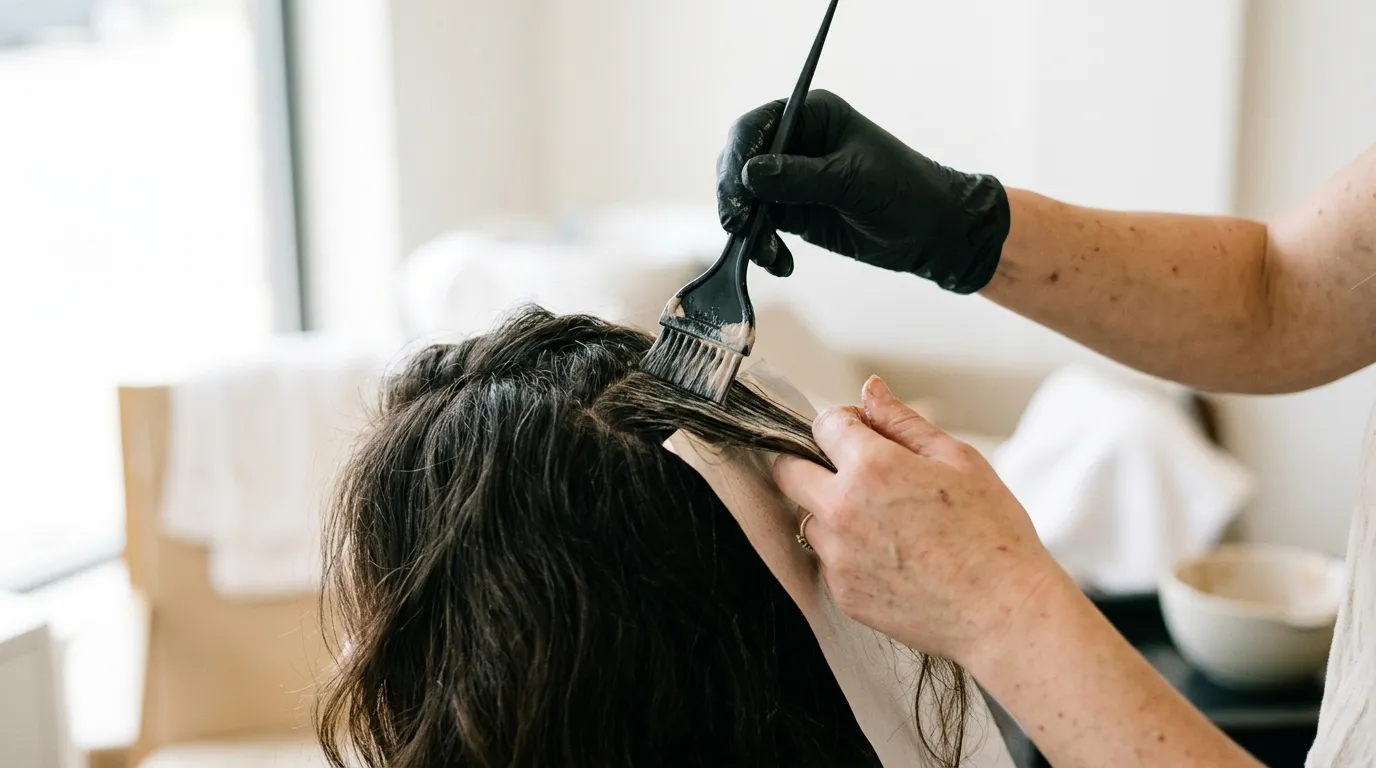 Ruce stylisty nanášející barvu na vlasy pomocí štětce s vysokou přesností