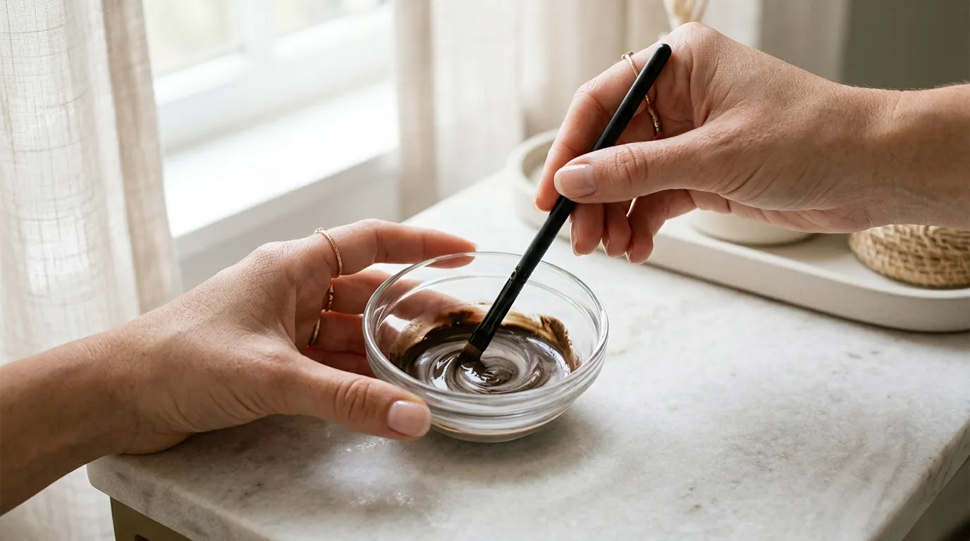 ruce míchající barvu na obočí v malé skleněné misce